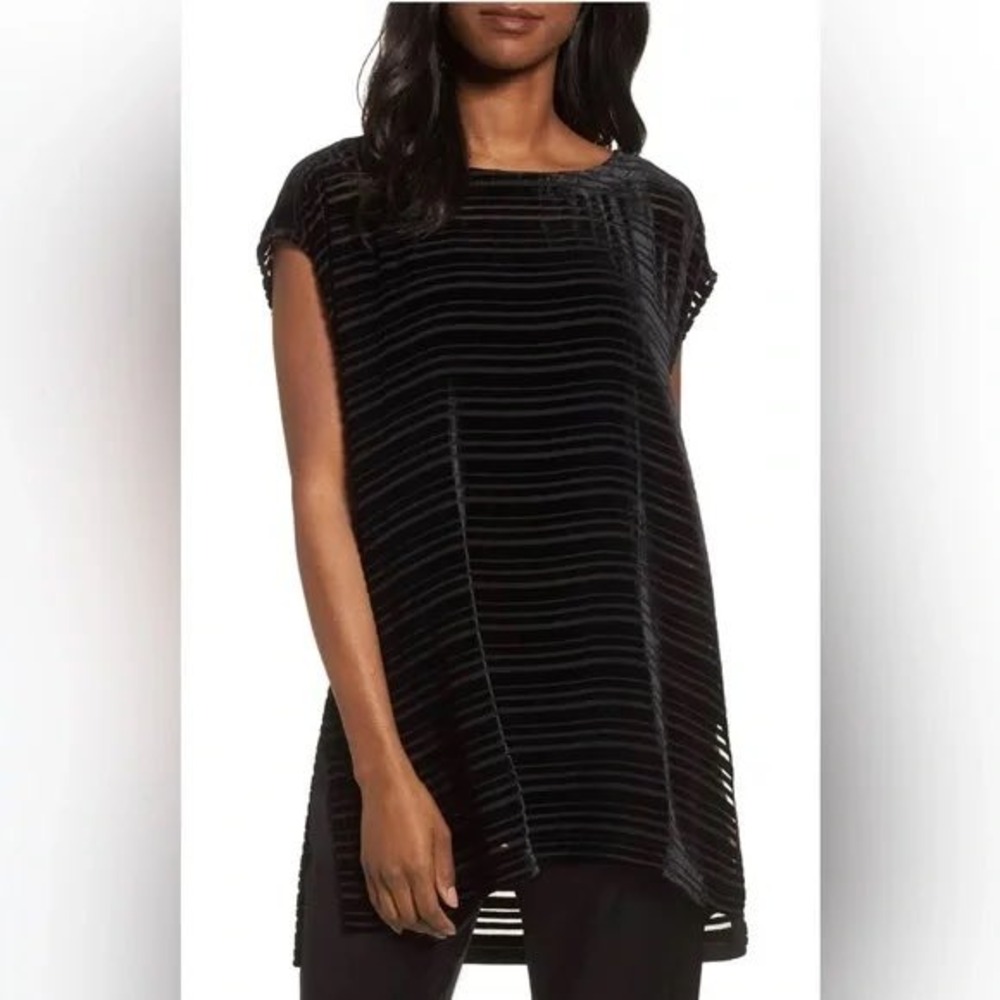 Eileen Fisher Velvet Burnout Stripe Tunic Top Black‎ Silk Blend Medium F17VLL